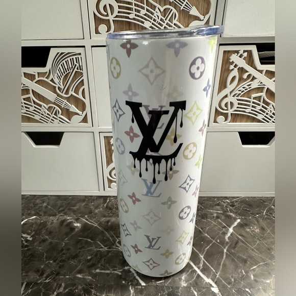 Louis Vuitton LV Blue White Leather Bling Glam Luxe Designer 20oz Tumbler - Picture 3 of 8